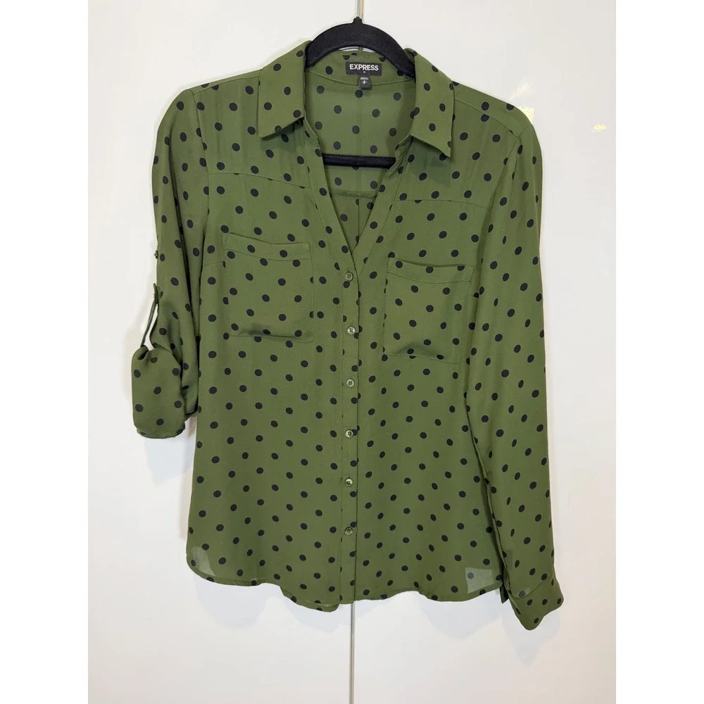 Express olive green polka dot Portofino shirt button-down top point collar S/P - Picture 1 of 7